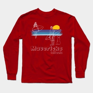 Mavericks California surf guy and girl with dog surfing line art Long Sleeve T-Shirt